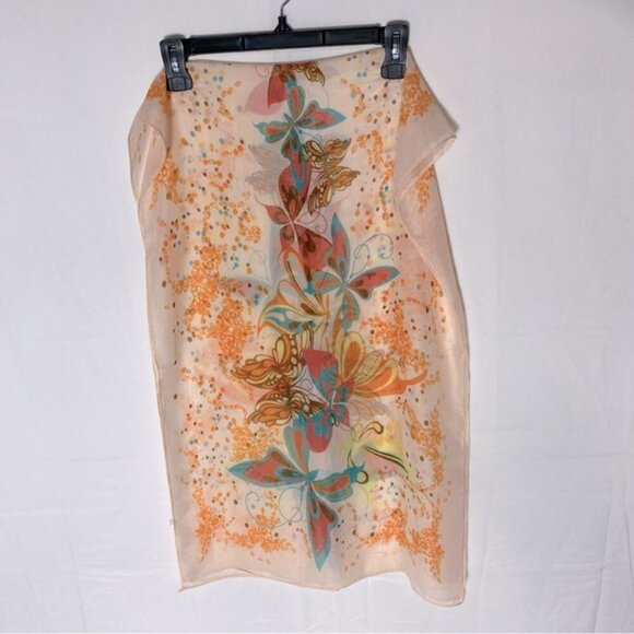 5/$25 Zhenqing Peach Semi Sheer Butterfly Floral Scarf - Picture 5 of 12